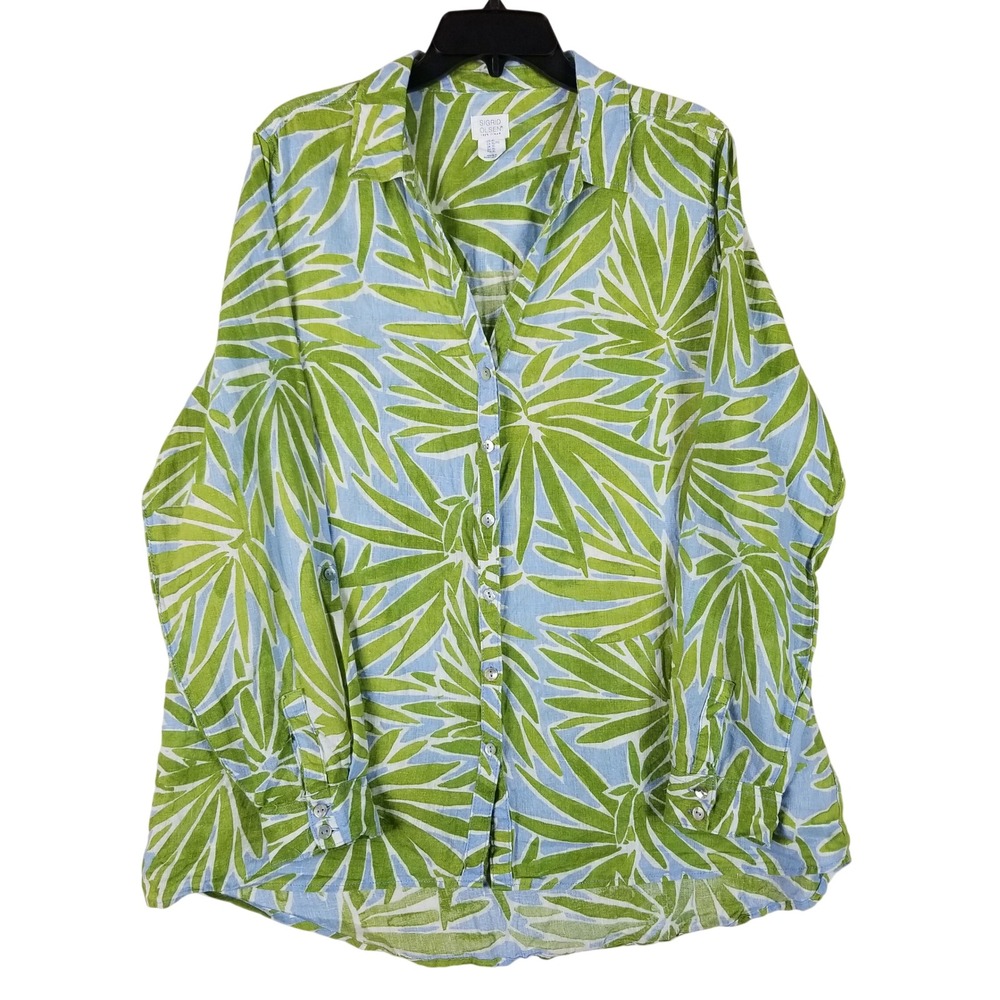 Sigrid Olsen Button Down Shirt Womens XL Green Blue Tropical Palm 100% Linen